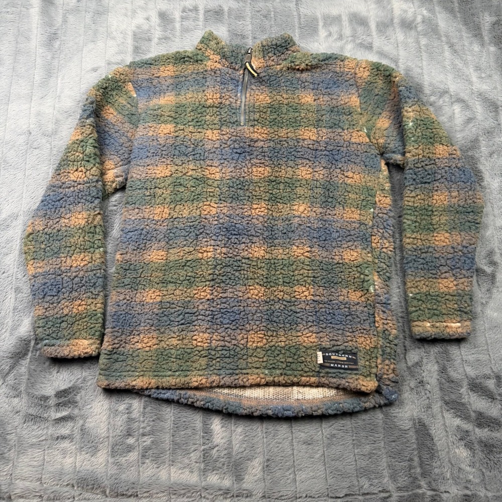 Southern Marsh Mens Large Plaid Sherpa Fleece Quarter Zip Pullover Green Blue
